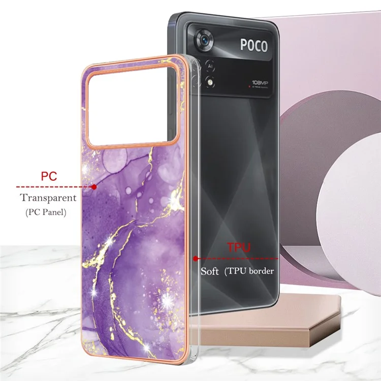 Per Xiaomi Poco M4 Pro 5G YB IMD Series-2 Modello di Marmo Anti-scratch Shock Telefon Case Soft TPU IMD Coperchio Elettroplante - Purple 002