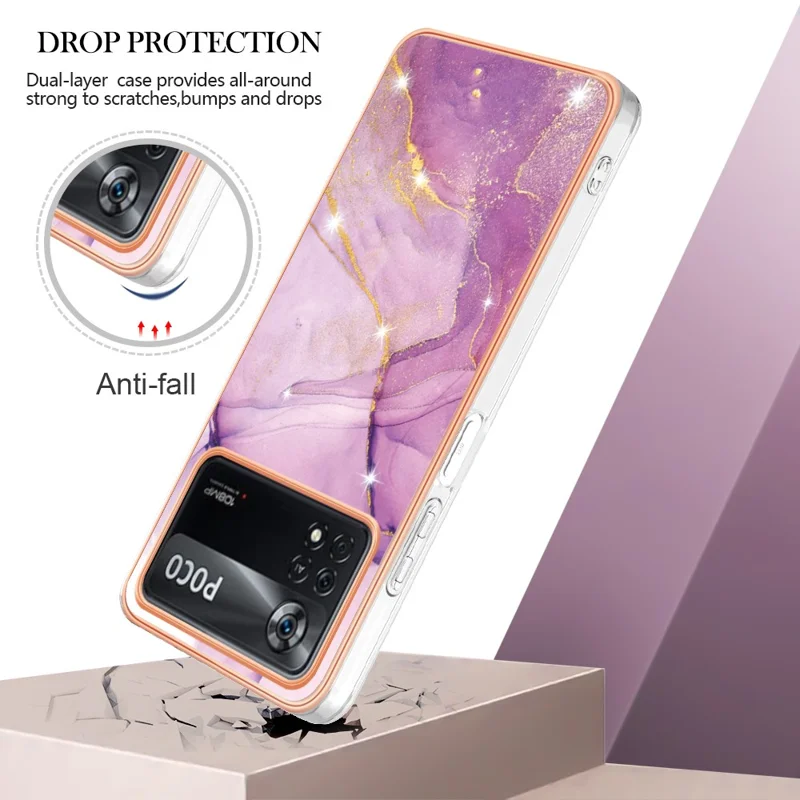 Funda TPU para Xiaomi Poco X4 Pro 5G con diseño de mármol IMD y cubierta trasera electrochapada - Morado 001