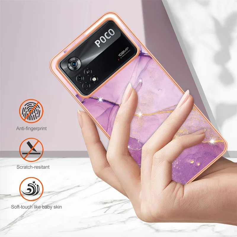 Funda TPU para Xiaomi Poco X4 Pro 5G con diseño de mármol IMD y cubierta trasera electrochapada - Morado 001