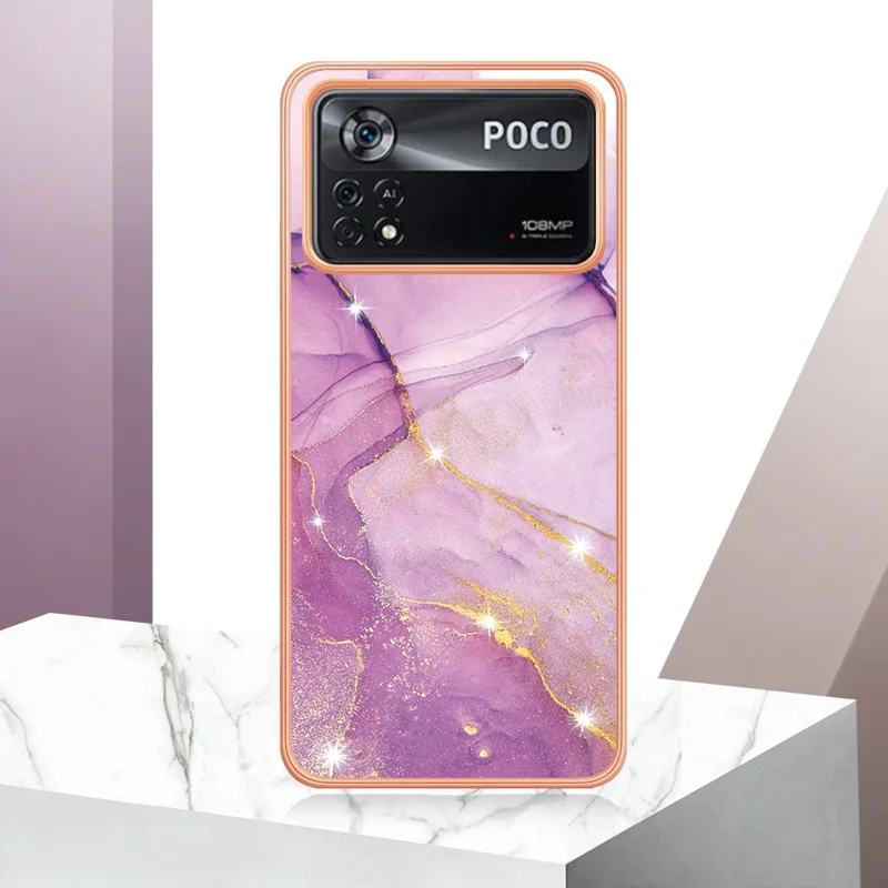 Funda TPU para Xiaomi Poco X4 Pro 5G con diseño de mármol IMD y cubierta trasera electrochapada - Morado 001