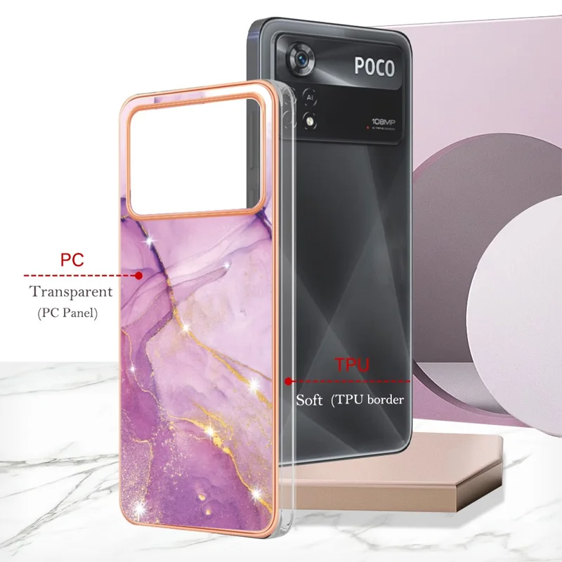 Funda TPU para Xiaomi Poco X4 Pro 5G con diseño de mármol IMD y cubierta trasera electrochapada - Morado 001