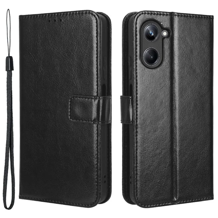 Para Realme 10 4G PU Leather Flip Wallet Phone Case Crazy Horse Texture Full Protection Stand Magnetic Cover with Strap - Preto