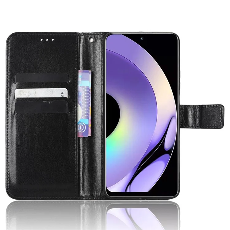Para Realme 10 4G PU Leather Flip Wallet Phone Case Crazy Horse Texture Full Protection Stand Magnetic Cover with Strap - Preto