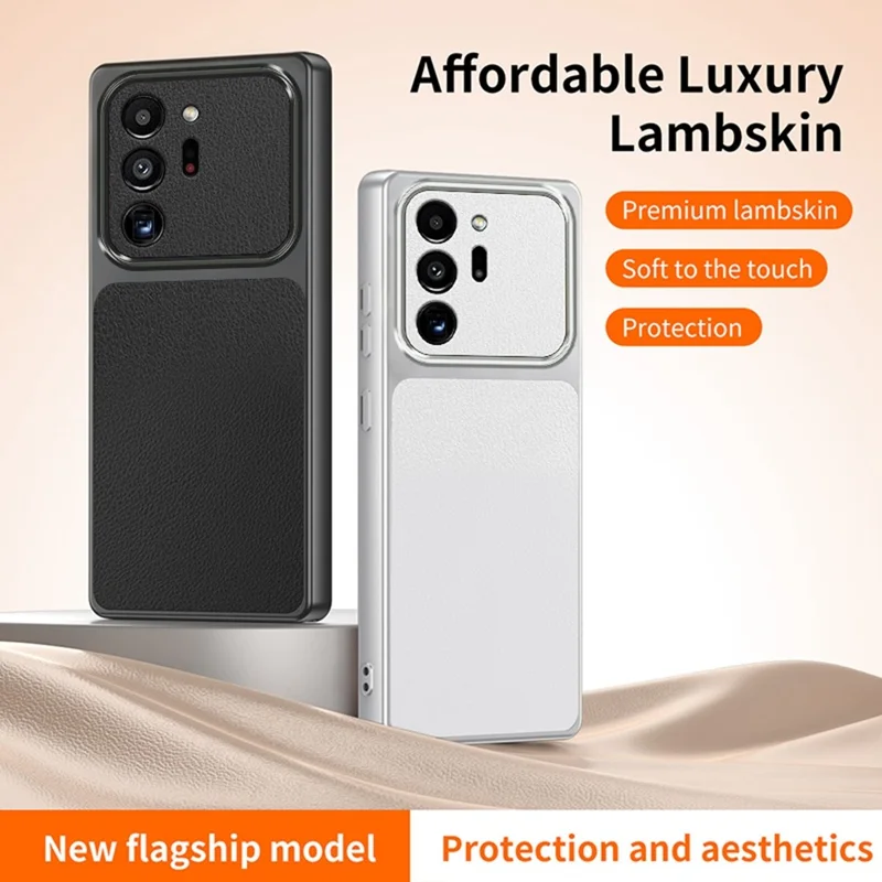 For Samsung Galaxy Note20 Ultra / Note20 Ultra 5G Phone Case Lambskin Texture PC TPU PU Leather Shockproof Protective Cover - White