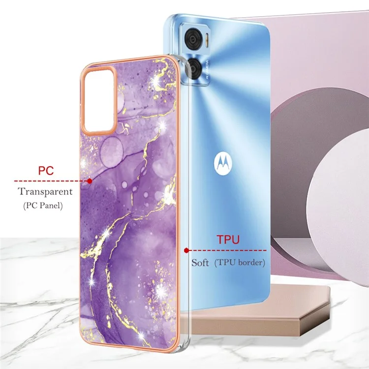 Per Motorola Moto E22 4G / E22i 4G YB IMD Series-2 Marble Pattern Electroplating Edges Phone Case Soft TPU IMD Anti-Scratch Shockproof Cover - Purple 002