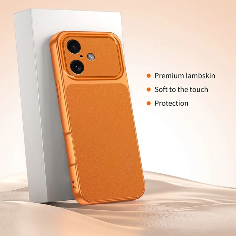 For iPhone 16 Phone Case Lambskin Texture PC TPU PU Leather Shockproof Protective Cover - Orange