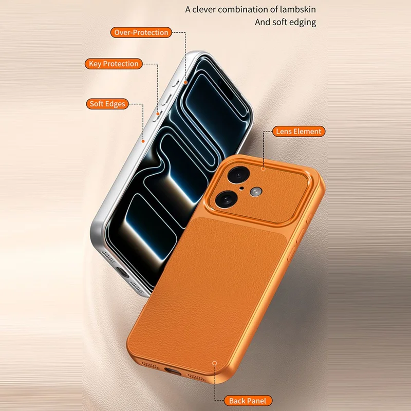 For iPhone 16 Phone Case Lambskin Texture PC TPU PU Leather Shockproof Protective Cover - Orange