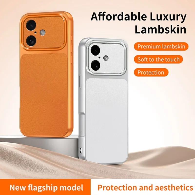 For iPhone 16 Phone Case Lambskin Texture PC TPU PU Leather Shockproof Protective Cover - Orange