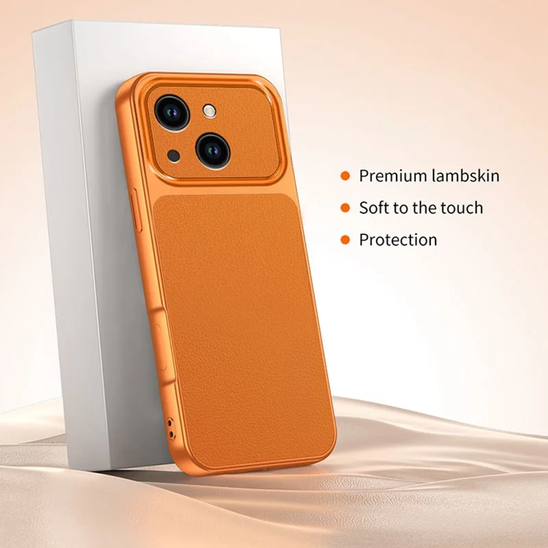 For iPhone 15 Phone Case Lambskin Texture PC TPU PU Leather Shockproof Protective Cover - Orange