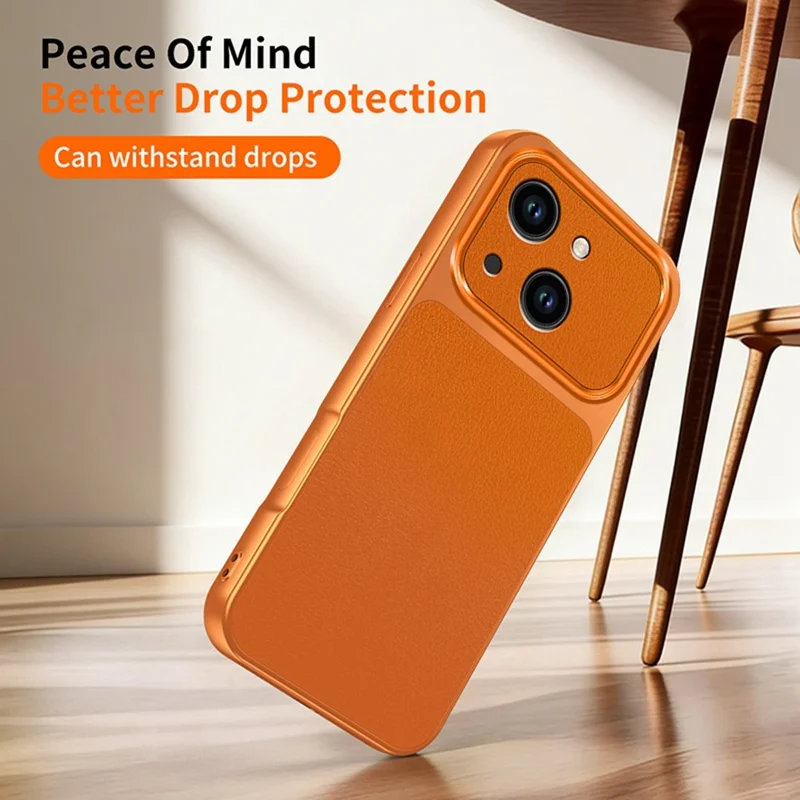For iPhone 15 Phone Case Lambskin Texture PC TPU PU Leather Shockproof Protective Cover - Orange