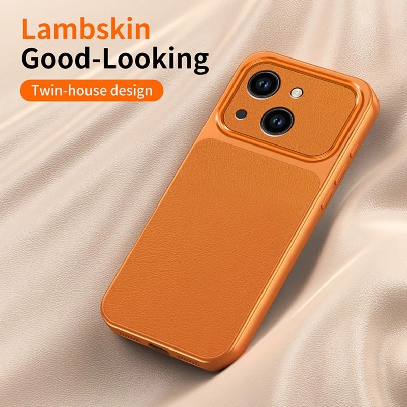 For iPhone 14 Phone Case Lambskin Texture PC TPU PU Leather Shockproof Protective Cover - Orange