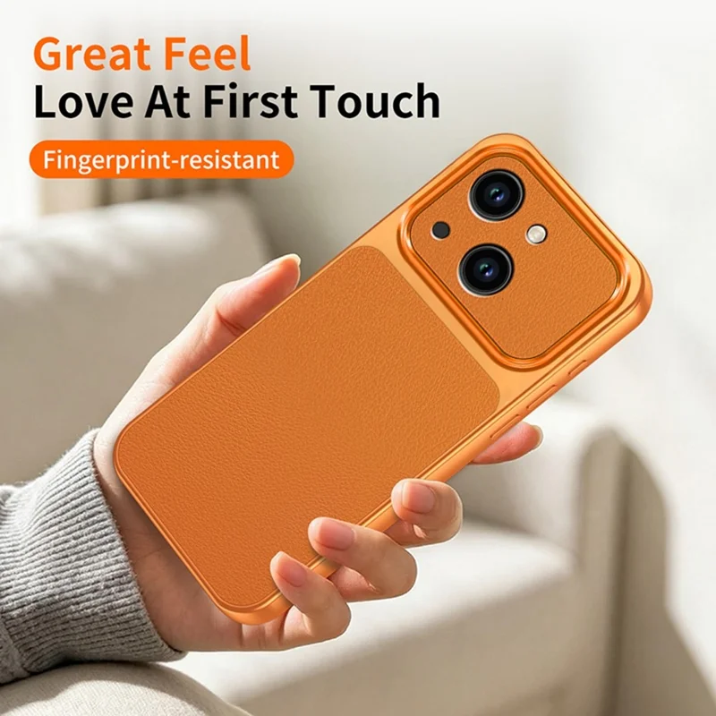 For iPhone 14 Phone Case Lambskin Texture PC TPU PU Leather Shockproof Protective Cover - Orange