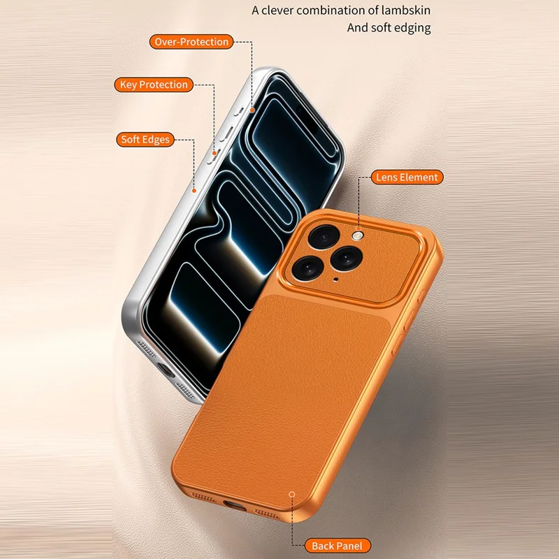 For iPhone 14 Pro Max Phone Case Lambskin Texture PC TPU PU Leather Shockproof Protective Cover - Orange