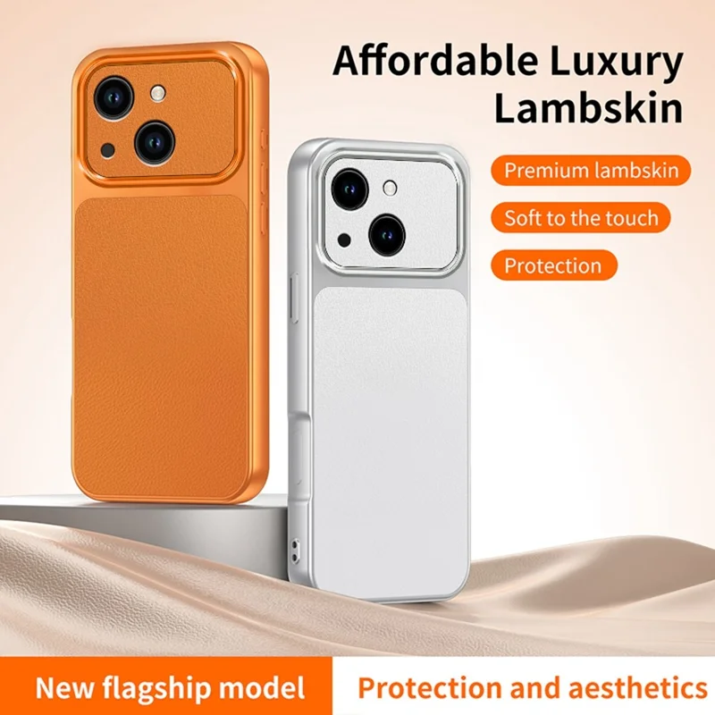 For iPhone 13 hoesje lamsvachtstructuur PC TPU PU lederen stootvaste beschermmantel - Oranje