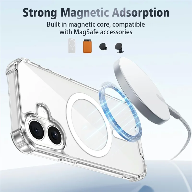 Clear Magnetic Case for iPhone 17 Airbag Shockproof 2.0mm TPU + PC Phone Cover - Transparent