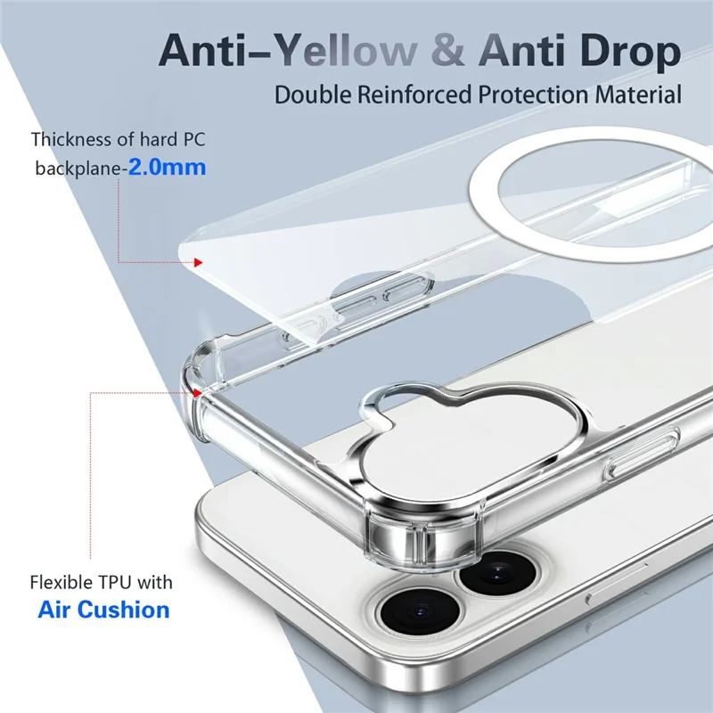 Clear Magnetic Case for iPhone 17 Airbag Shockproof 2.0mm TPU + PC Phone Cover - Transparent