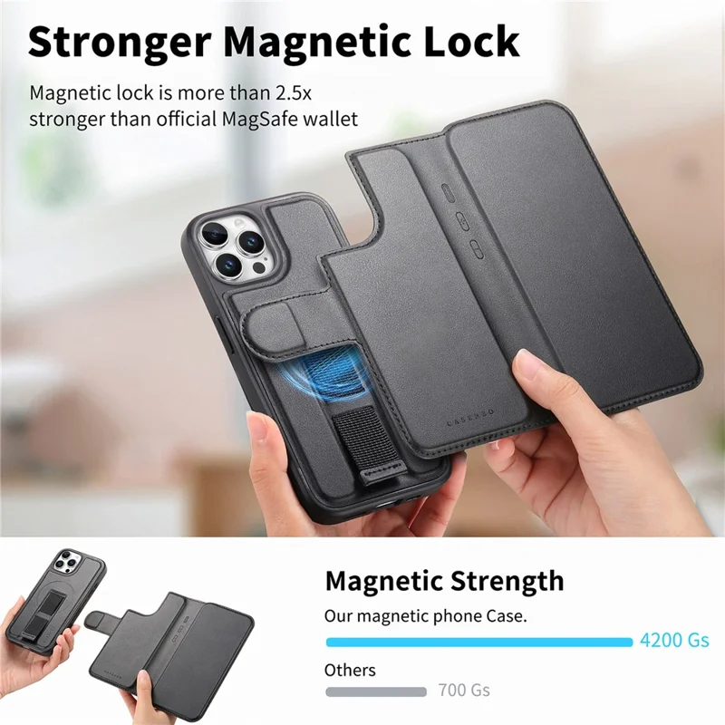 CASENEO For iPhone 13 Pro Magnetic Case RFID Blocking Wallet Detachable Leather Phone Cover with Wristband - Black