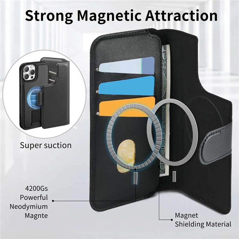 CASENEO For iPhone 13 Pro Magnetic Case RFID Blocking Wallet Detachable Leather Phone Cover with Wristband - Black