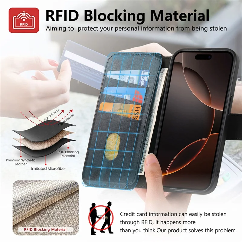 CASENEO For iPhone 13 Pro Magnetic Case RFID Blocking Wallet Detachable Leather Phone Cover with Wristband - Black
