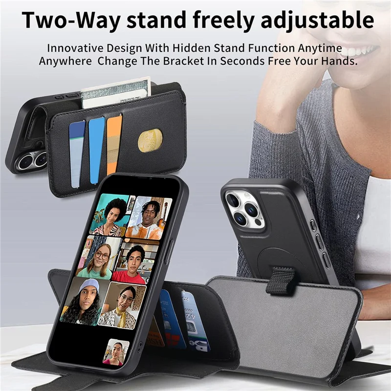 CASENEO For iPhone 13 Pro Magnetic Case RFID Blocking Wallet Detachable Leather Phone Cover with Wristband - Black