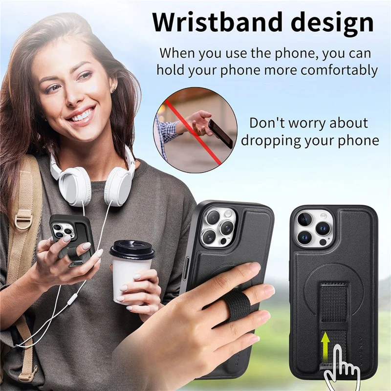 CASENEO For iPhone 13 Pro Magnetic Case RFID Blocking Wallet Detachable Leather Phone Cover with Wristband - Black