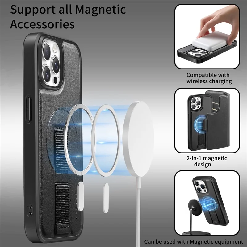 CASENEO For iPhone 13 Pro Magnetic Case RFID Blocking Wallet Detachable Leather Phone Cover with Wristband - Black