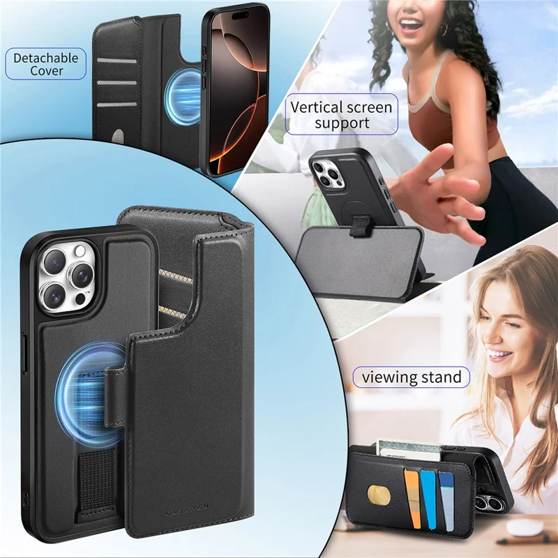 CASENEO For iPhone 13 Pro Magnetic Case RFID Blocking Wallet Detachable Leather Phone Cover with Wristband - Black