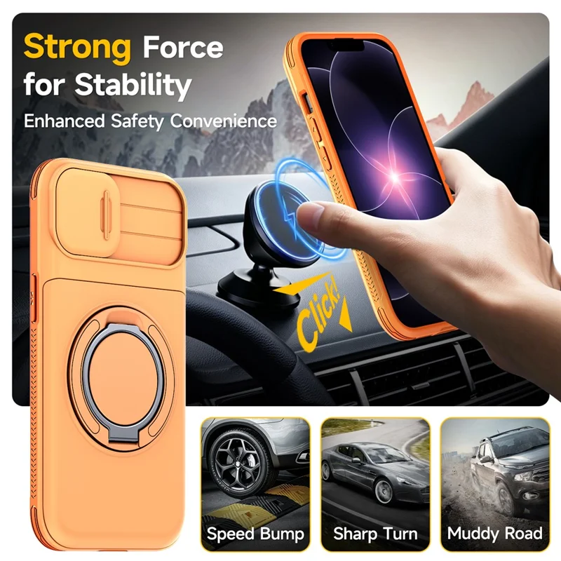 For iPhone 17e  /  16e Case Slide Camera Cover Kickstand TPU + PC Protective Phone Shell with Card Holder - Orange