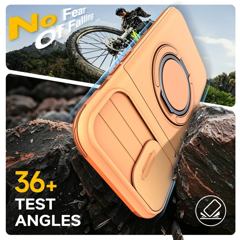 For iPhone 17e  /  16e Case Slide Camera Cover Kickstand TPU + PC Protective Phone Shell with Card Holder - Orange