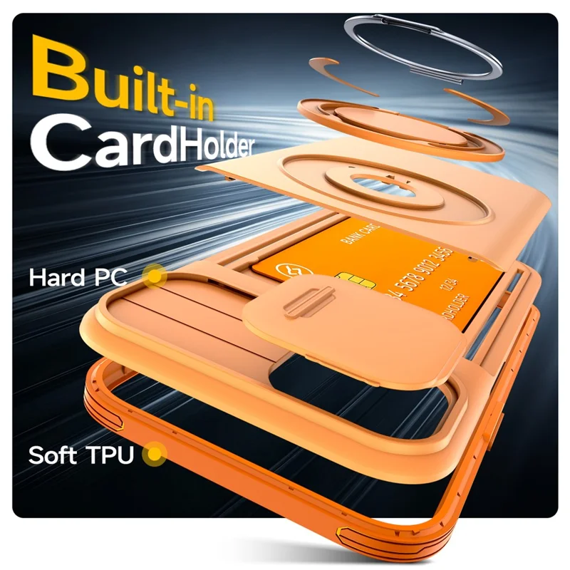 For iPhone 17e  /  16e Case Slide Camera Cover Kickstand TPU + PC Protective Phone Shell with Card Holder - Orange