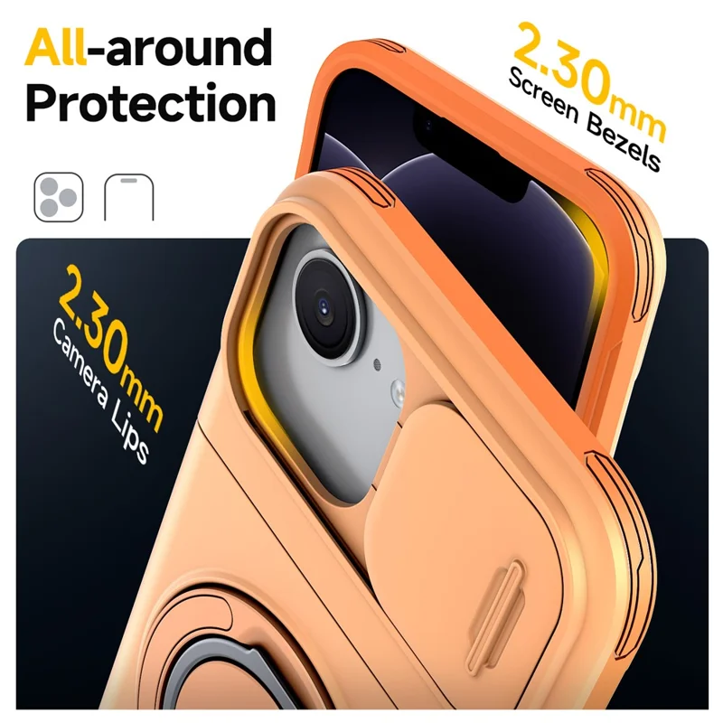 For iPhone 17e  /  16e Case Slide Camera Cover Kickstand TPU + PC Protective Phone Shell with Card Holder - Orange