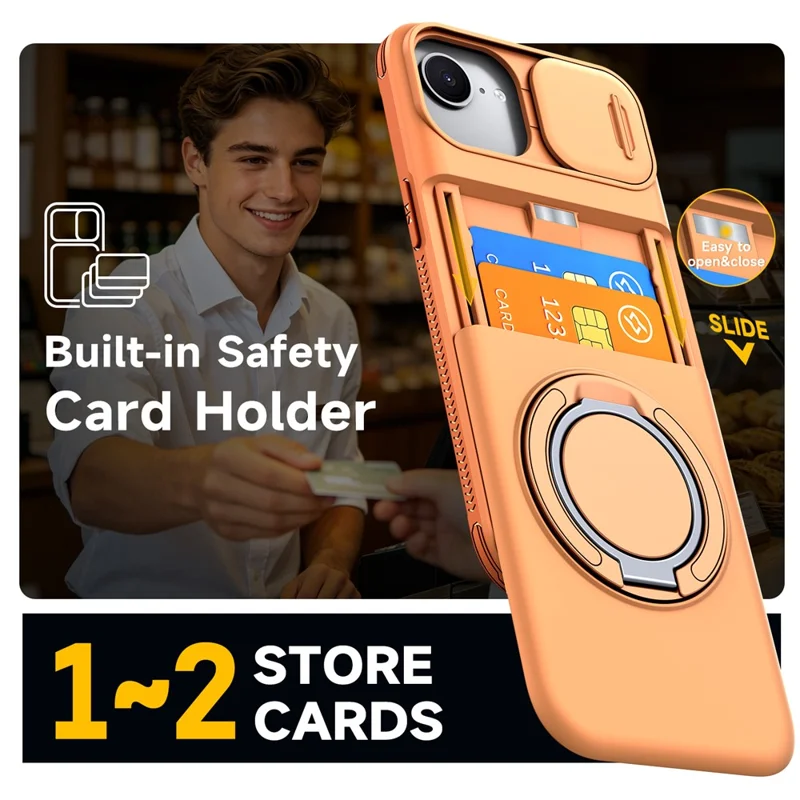 For iPhone 17e  /  16e Case Slide Camera Cover Kickstand TPU + PC Protective Phone Shell with Card Holder - Orange