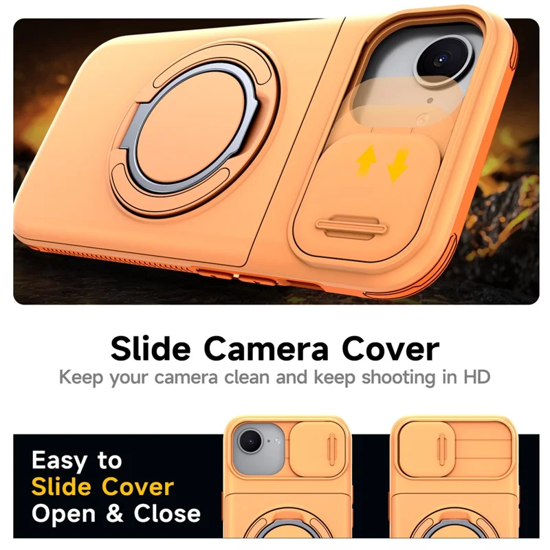 For iPhone 17e  /  16e Case Slide Camera Cover Kickstand TPU + PC Protective Phone Shell with Card Holder - Orange