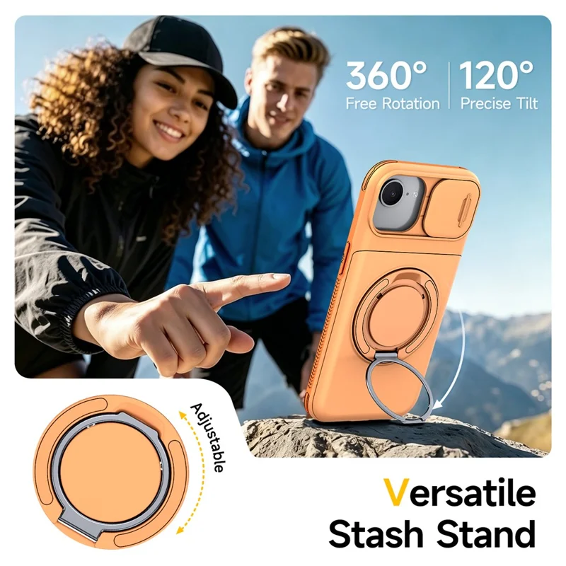 For iPhone 17e  /  16e Case Slide Camera Cover Kickstand TPU + PC Protective Phone Shell with Card Holder - Orange