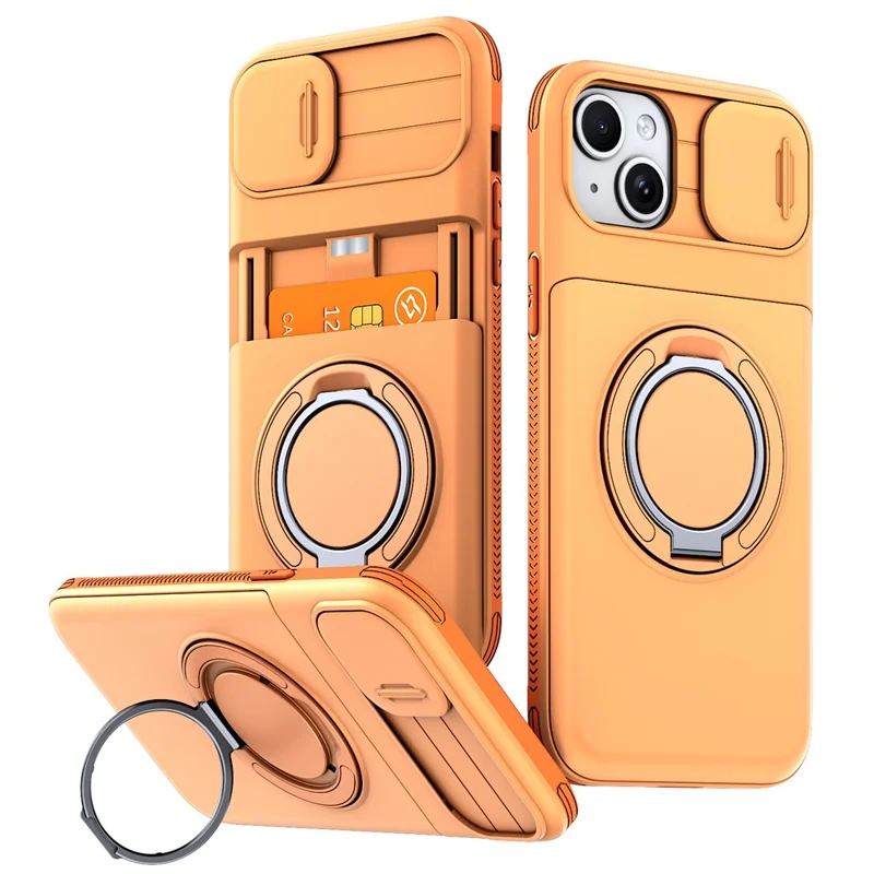For iPhone 13  /  14 Case Slide Camera Cover Kickstand TPU + PC Protective Phone Shell with Card Holder - Orange