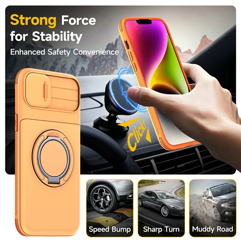For iPhone 13  /  14 Case Slide Camera Cover Kickstand TPU + PC Protective Phone Shell with Card Holder - Orange