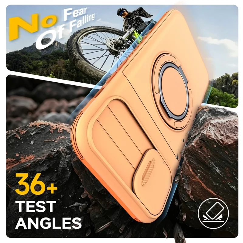 For iPhone 13  /  14 Case Slide Camera Cover Kickstand TPU + PC Protective Phone Shell with Card Holder - Orange