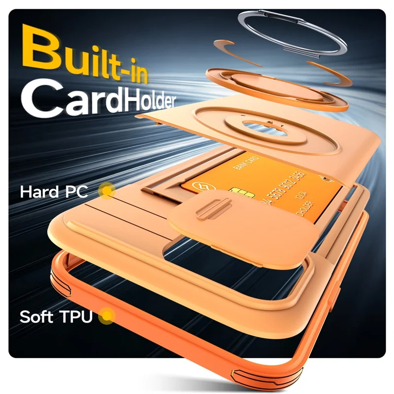 For iPhone 13  /  14 Case Slide Camera Cover Kickstand TPU + PC Protective Phone Shell with Card Holder - Orange