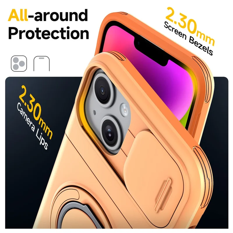 For iPhone 13  /  14 Case Slide Camera Cover Kickstand TPU + PC Protective Phone Shell with Card Holder - Orange