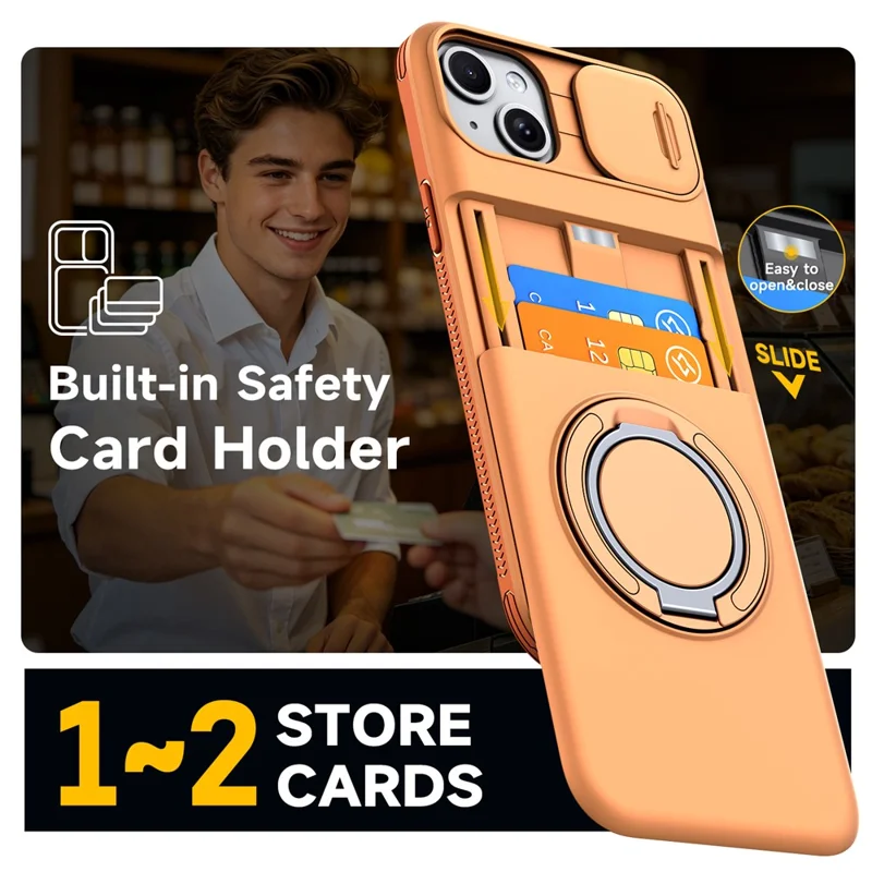For iPhone 13  /  14 Case Slide Camera Cover Kickstand TPU + PC Protective Phone Shell with Card Holder - Orange