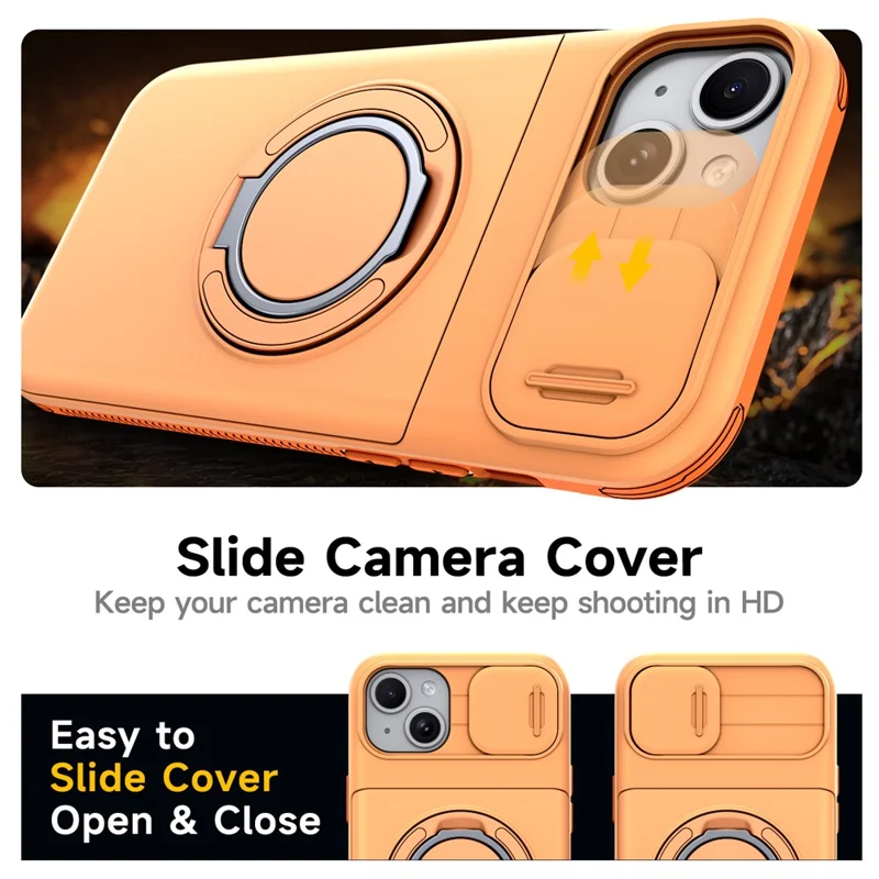 For iPhone 13  /  14 Case Slide Camera Cover Kickstand TPU + PC Protective Phone Shell with Card Holder - Orange