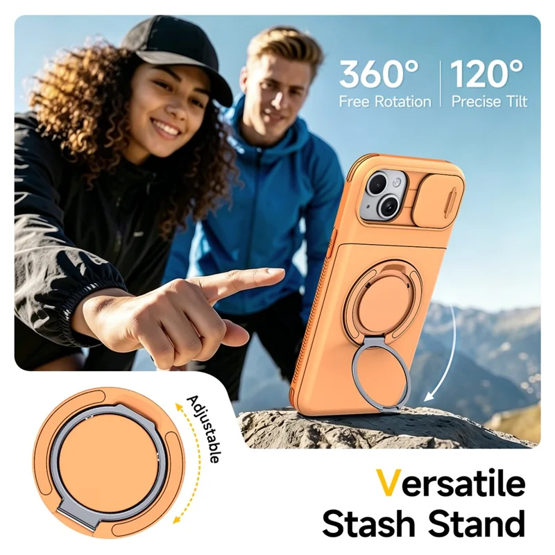 For iPhone 13  /  14 Case Slide Camera Cover Kickstand TPU + PC Protective Phone Shell with Card Holder - Orange