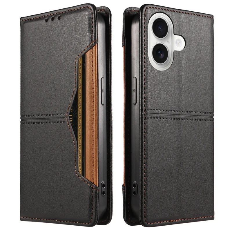 For iPhone 18 / iPhone 17 Wallet Case External Card Slot Magnetic Closing Leather Phone Cover - Black - 1