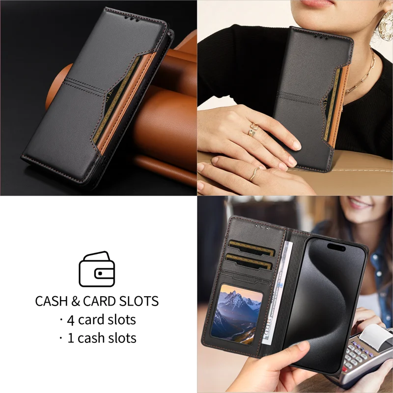 For iPhone 18 / iPhone 17 Wallet Case External Card Slot Magnetic Closing Leather Phone Cover - Black - 11