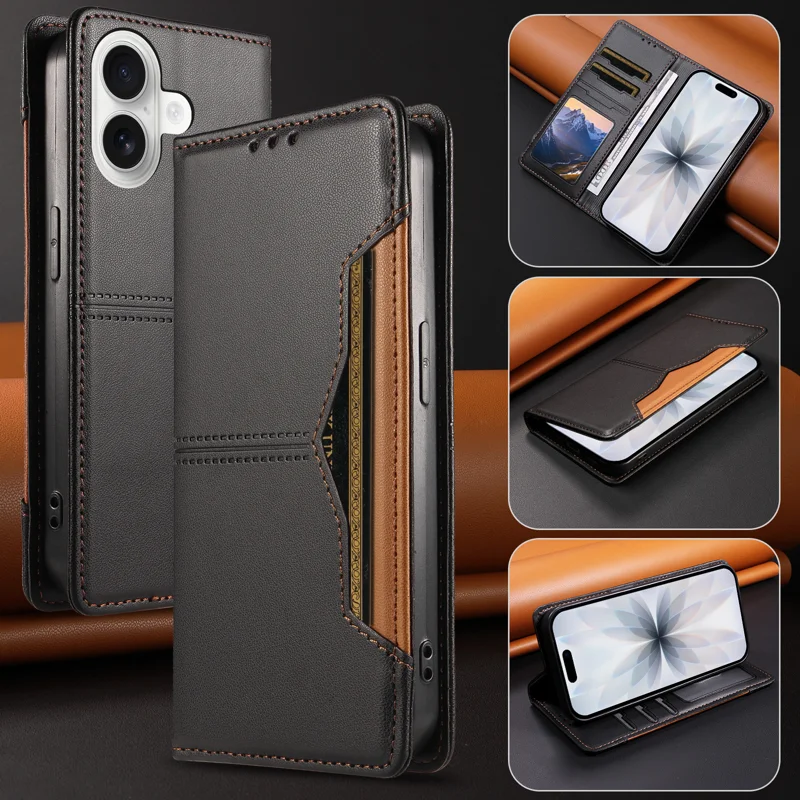 For iPhone 18 / iPhone 17 Wallet Case External Card Slot Magnetic Closing Leather Phone Cover - Black - 2