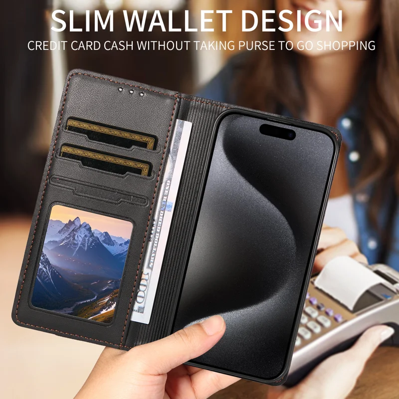 For iPhone 18 / iPhone 17 Wallet Case External Card Slot Magnetic Closing Leather Phone Cover - Black - 6