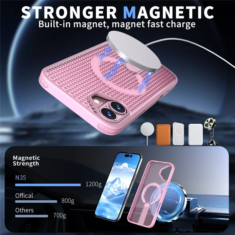 For iPhone 16 Magnetic Case Kickstand Grid Texture TPU PC Phone Back Cover - Pink