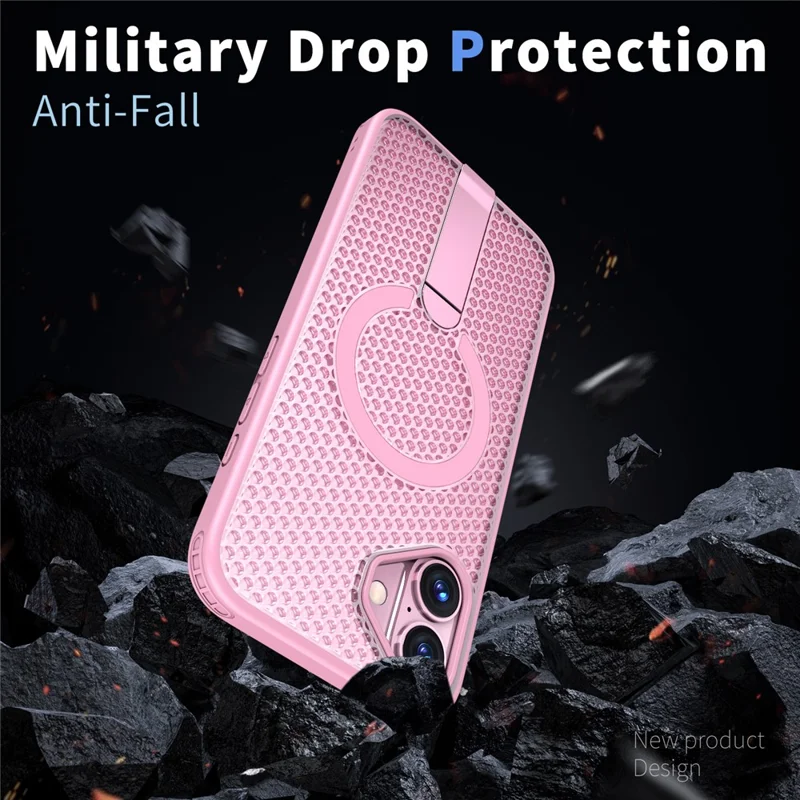 For iPhone 16 Magnetic Case Kickstand Grid Texture TPU PC Phone Back Cover - Pink