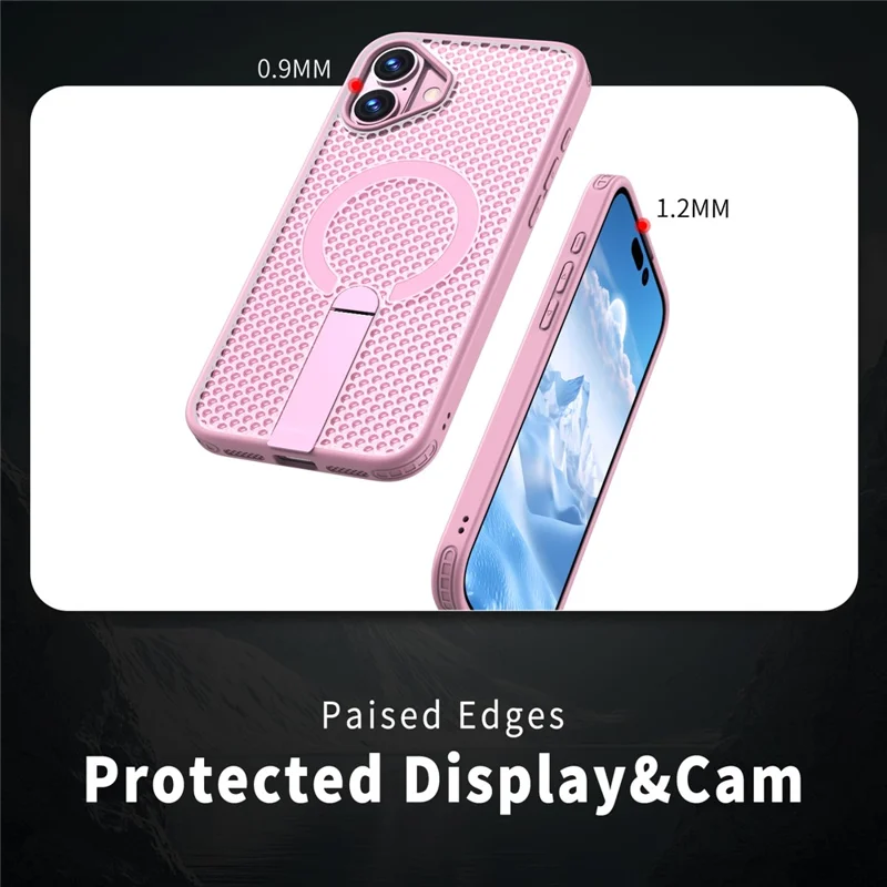 For iPhone 16 Magnetic Case Kickstand Grid Texture TPU PC Phone Back Cover - Pink