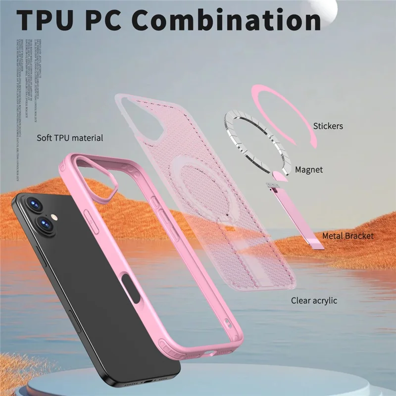 For iPhone 16 Magnetic Case Kickstand Grid Texture TPU PC Phone Back Cover - Pink